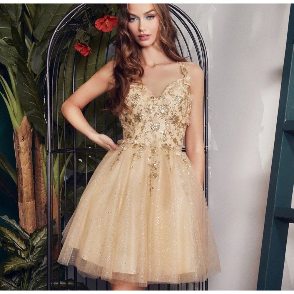 Elizabeth K By GLS  Dress size large 3D Butterfly V goldNeck Short Quinceanera